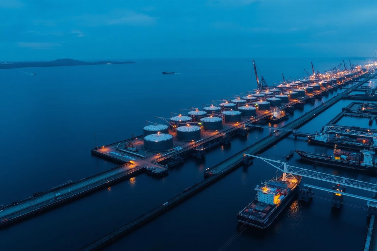 Aerial view of tank farms and jetties in the Port of Rotterdam
